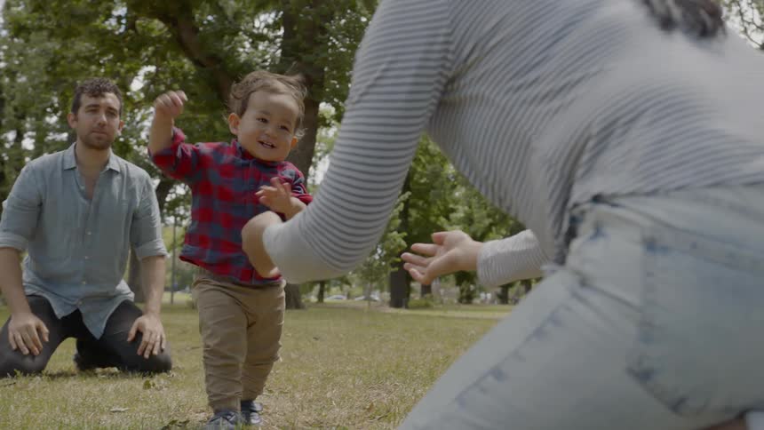 A baby walking on grass towards his mother