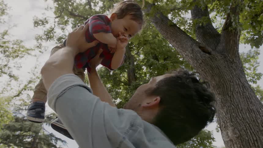 A man is holding a child high above him making the child laugh beneath tall trees