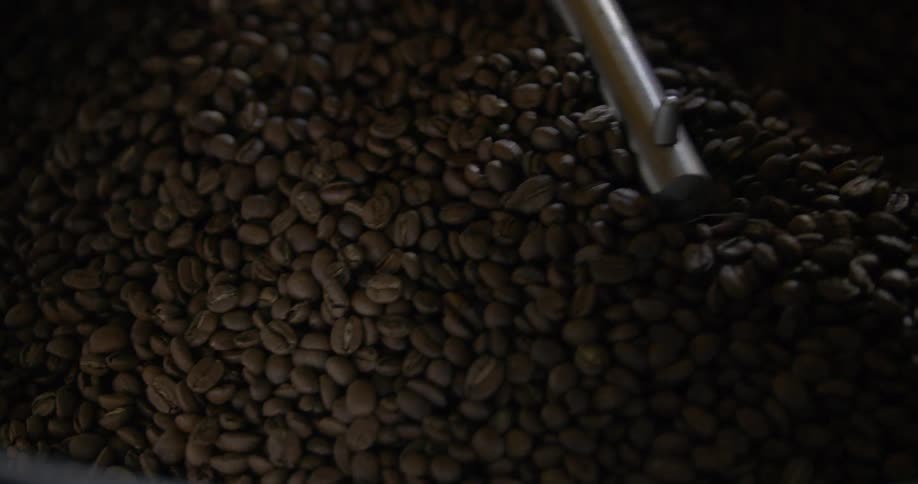Coffee beans spin a large roasting machine