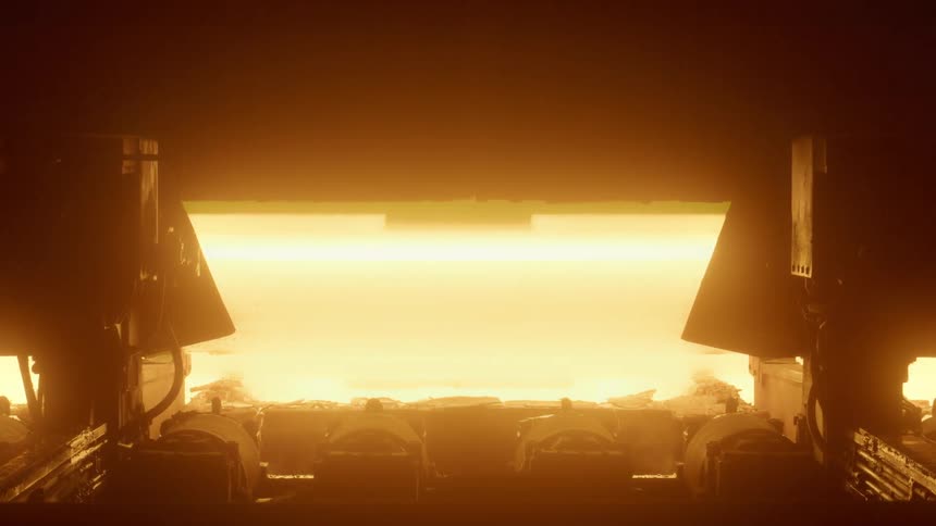 A door opens to let in molten metal and it then moves down the line