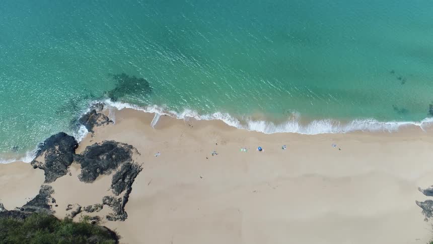 Waves crash on shore near umbrellas