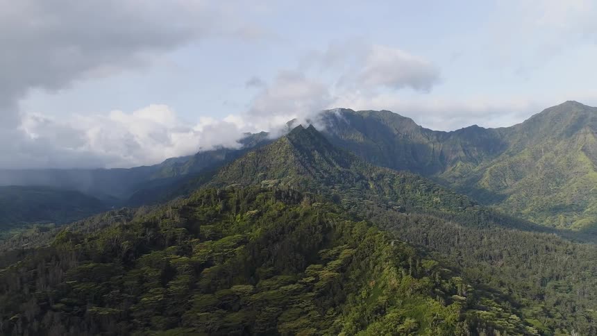 Mountain peaks covered in green vegetation with clouds in the distance