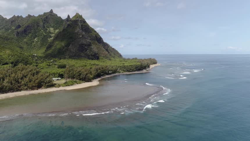 An aerial view of a remote beach with trees and mountains