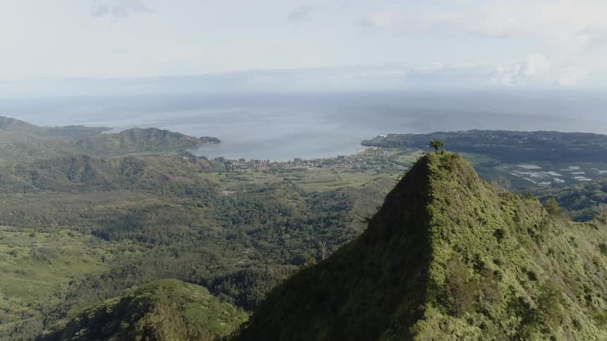 A mountain ridge covered in vegetation looming over a valley containing a town on the coast