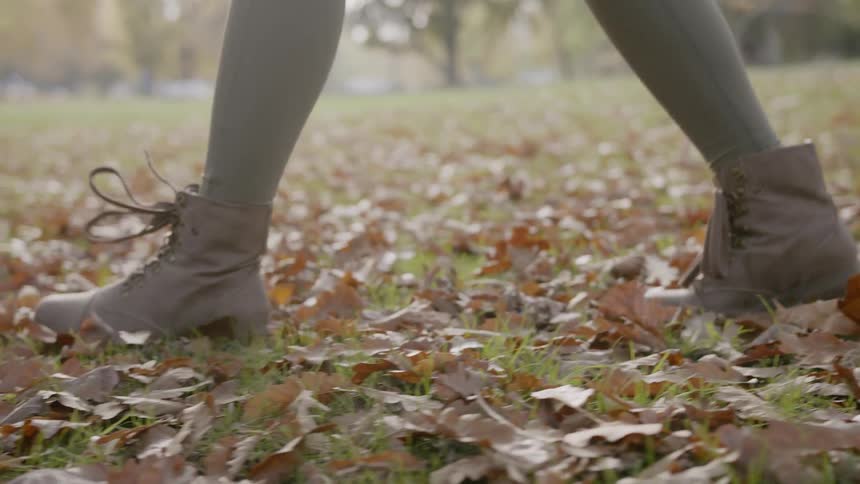 A person walking through leaves on the grass