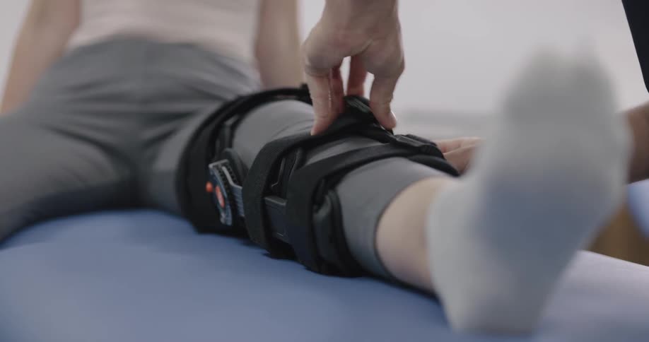 A male loosen a leg device from a woman