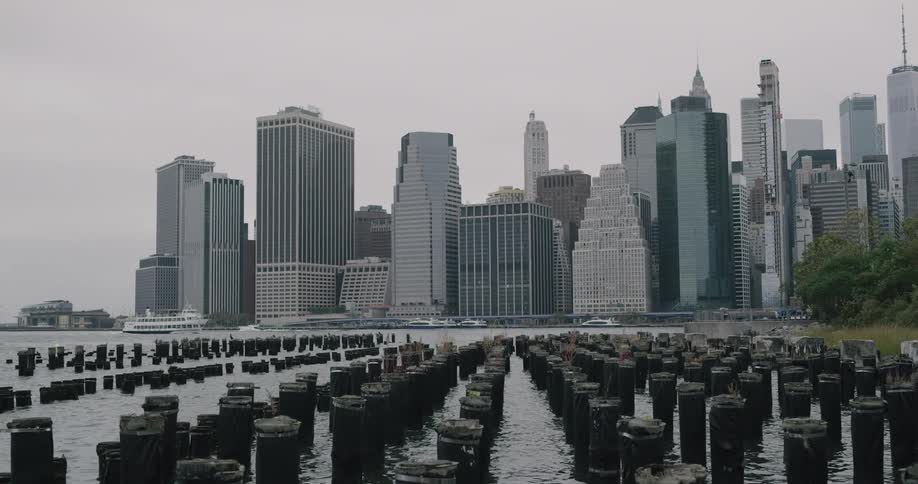 Rows of posts sit in the lake next to the city