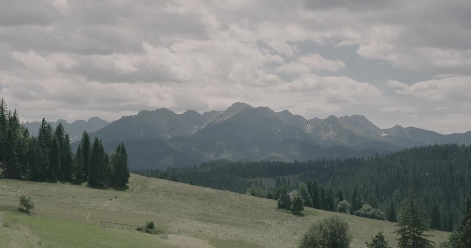 Landscape of the mountains with tree hills on a cloudy day