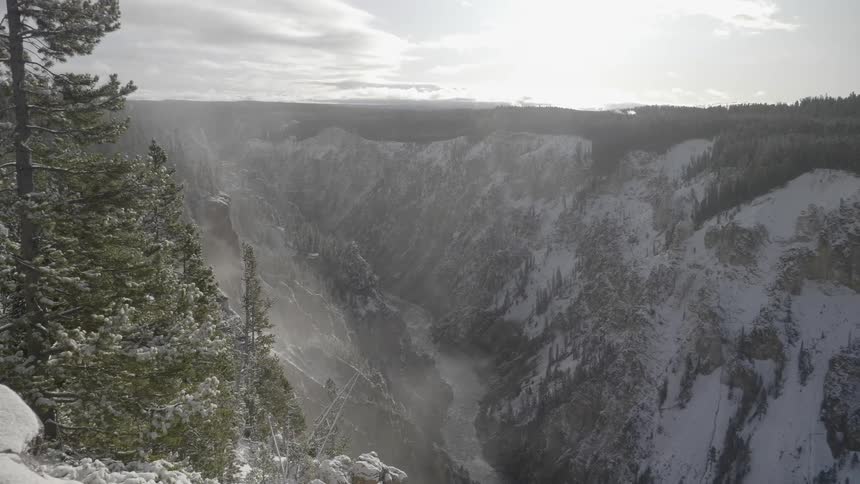 River at the bottom of a ravine between snow covered slopes