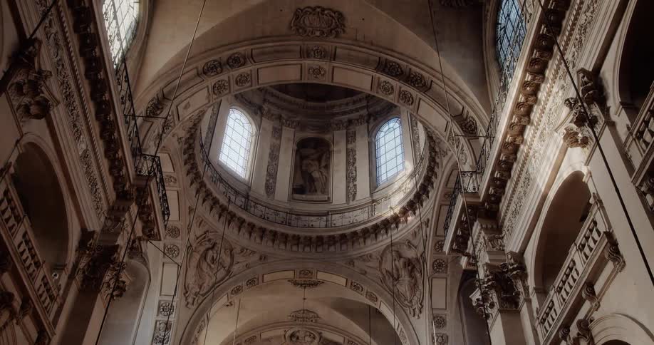 An interior of a dome of a classical building
