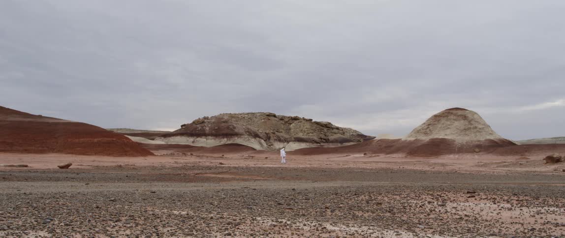 A person stands in the desert