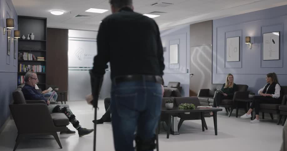 People sitting around a waiting room when a man on crutches comes into the space