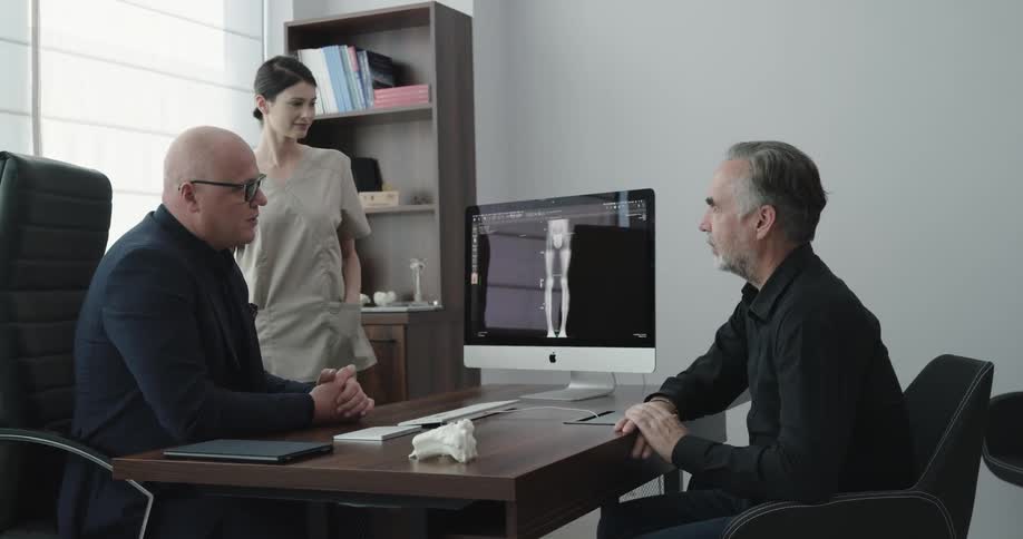 A man sits at a desk as a doctor shows him images on a computer