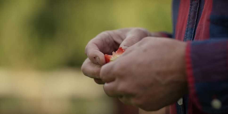 A man holds a piece of fruit