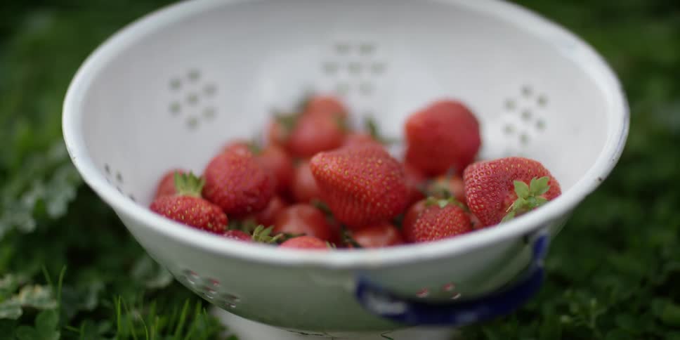 Strawberries being dropped into white strainer