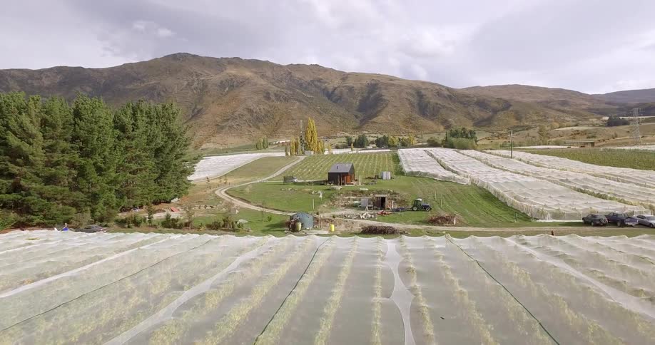 Wide view of farm land with buildings