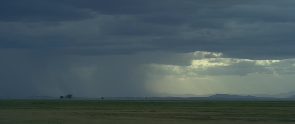 A rain storm is seen in the distance across a large flat grassland