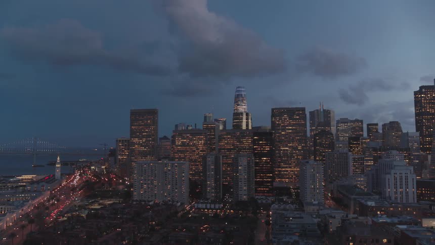 An aerial view of a city at night