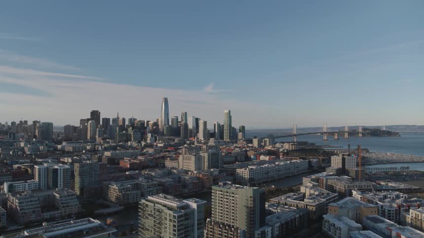 A bird eye view of a developed city near the ocean