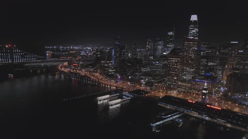 An aerial view of city scenery at night