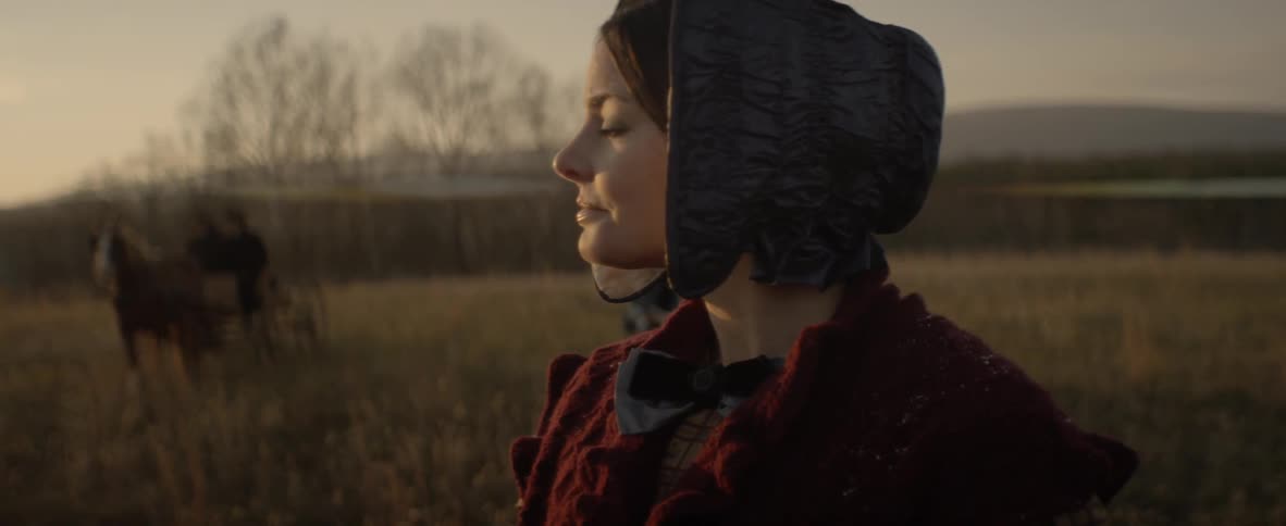 Woman in bonnet stands in field with others looking around