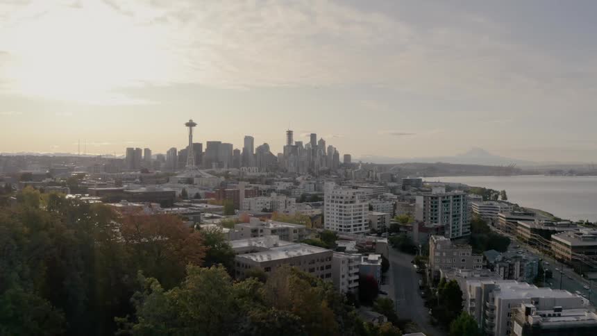 The skyline of a city near the sea