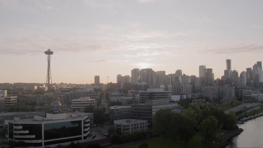 A scenery of city skyline at dawn