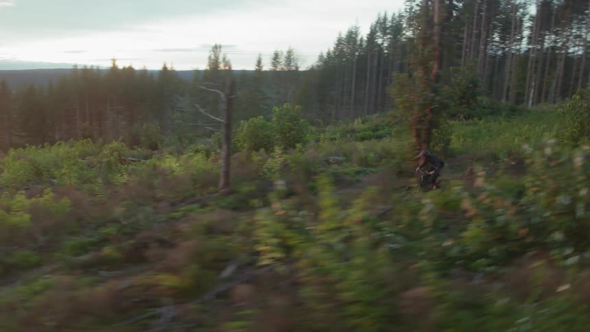 Cross country cyclist going down hill on dirt path at sunset