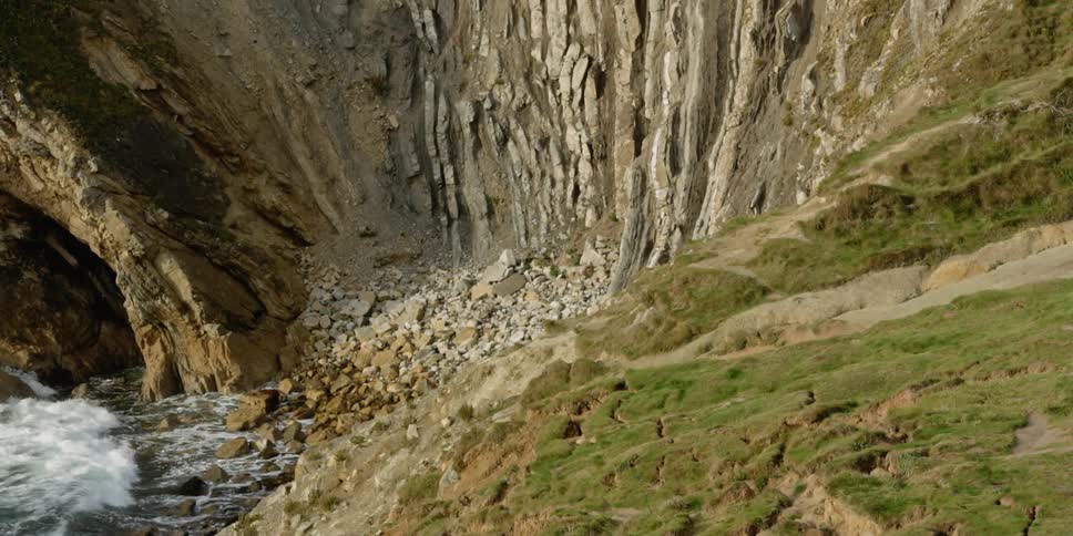 Birds eye view of a cliff and the water
