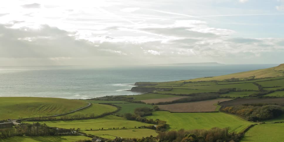 Green fields by the coast are lined with bushes and trees