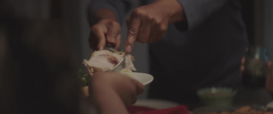 A man cuts a portion of meat from a bird and places it on a dinner plate