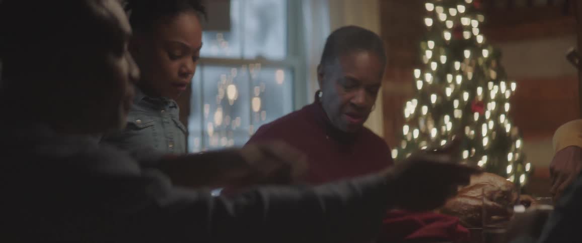 A family have christmas dinner together in the dining room