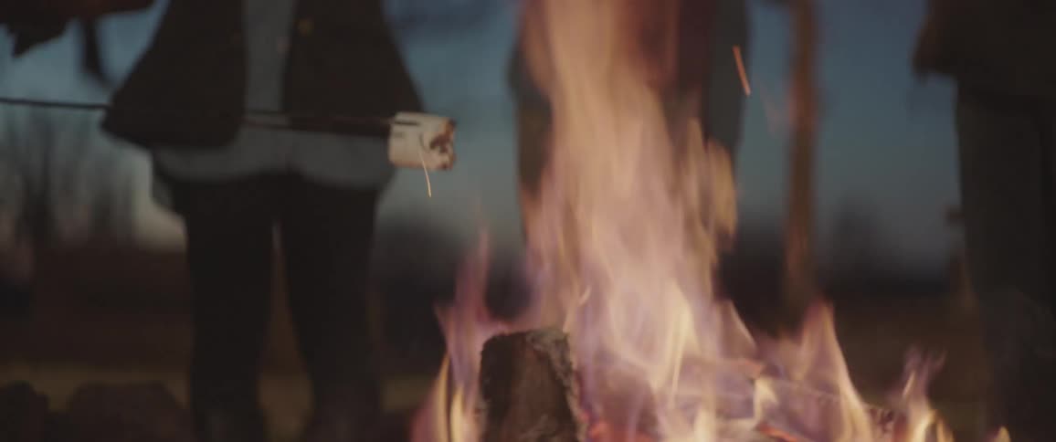 People roast marshmallows over a bonfire outdoors