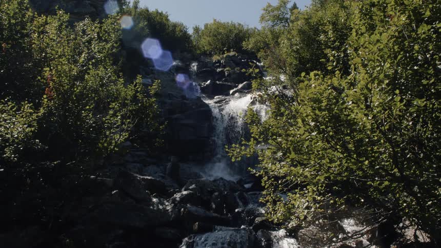 A stream falls over some rocks between trees