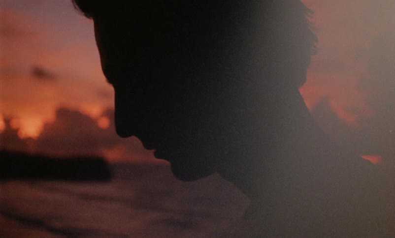 Silhouette of a man looking down standing near smoke at sunset