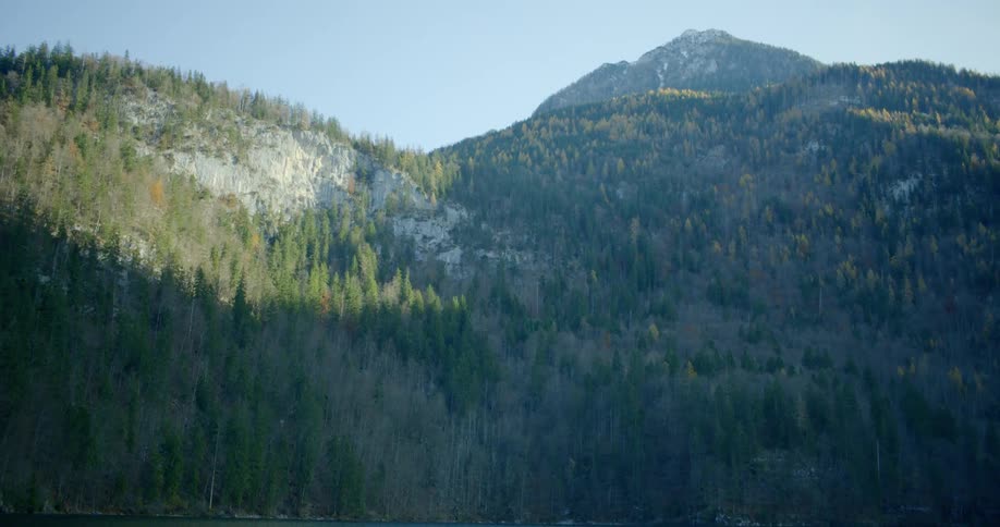Trees and mountains sit by the lake under a blue sky