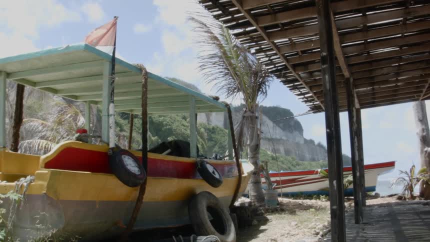 A shoreline is shown with wind blowing a flag and palm trees with a few boats and roof structures at day