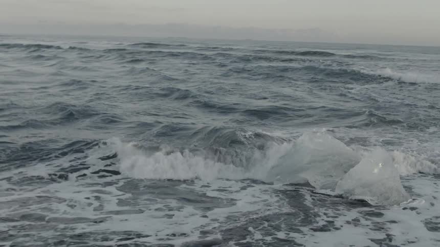 Chunks of ice are floating in the ocean