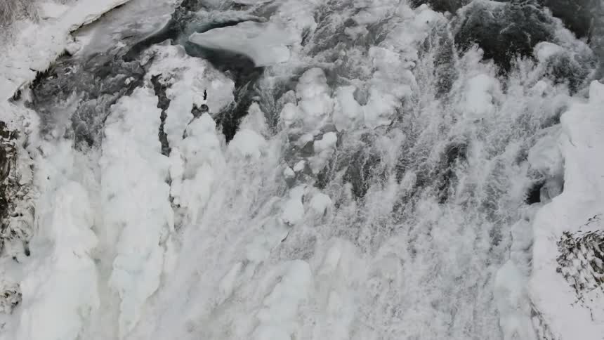 An aerial view of an icy forest
