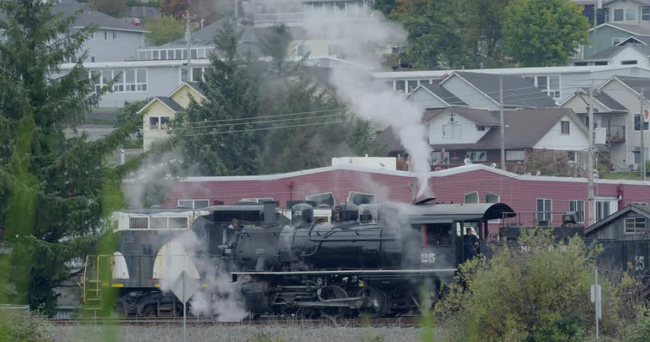 A black train engine emitting steam on a train track on the outskirts of a residential area