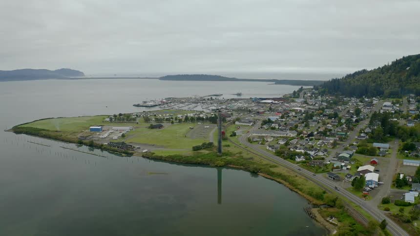 A rural coastal town with numerous buildings and roads is located near a dense forest on a gray and overcast day