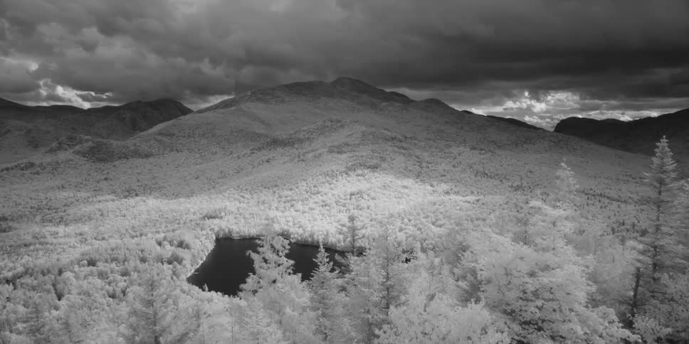 A mountain landscape in black and white
