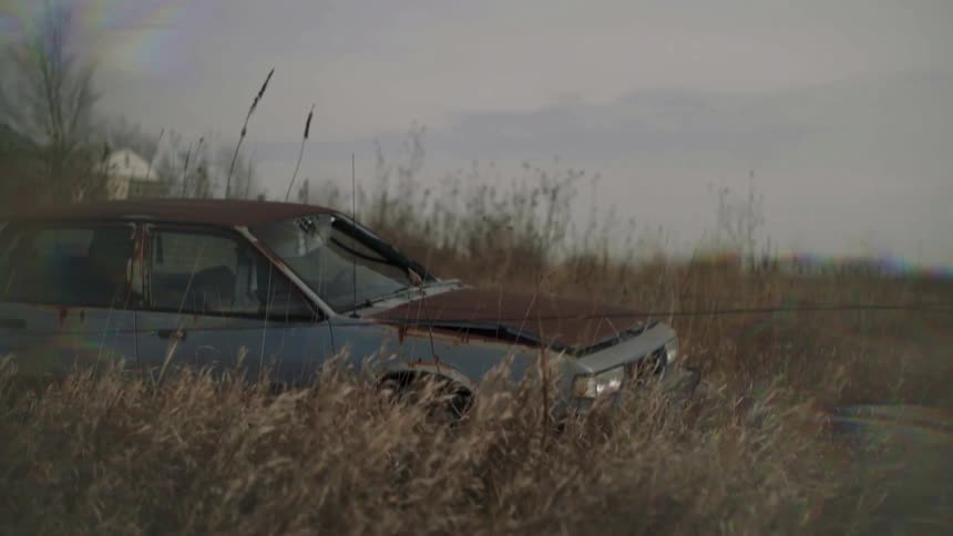 An old car is parked amongst tall grass