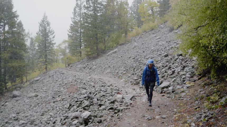 A person walks along a rocky path in the rain surrounded by a lot of trees