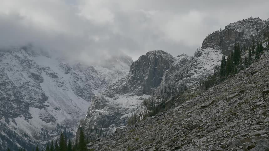 Steep rocky terrain in the snowy mountains