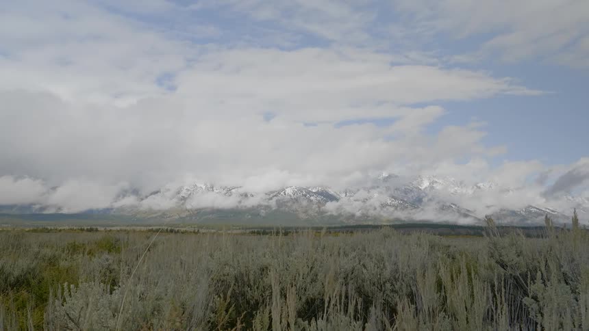 A grassy plain with mountains and the sky in the background