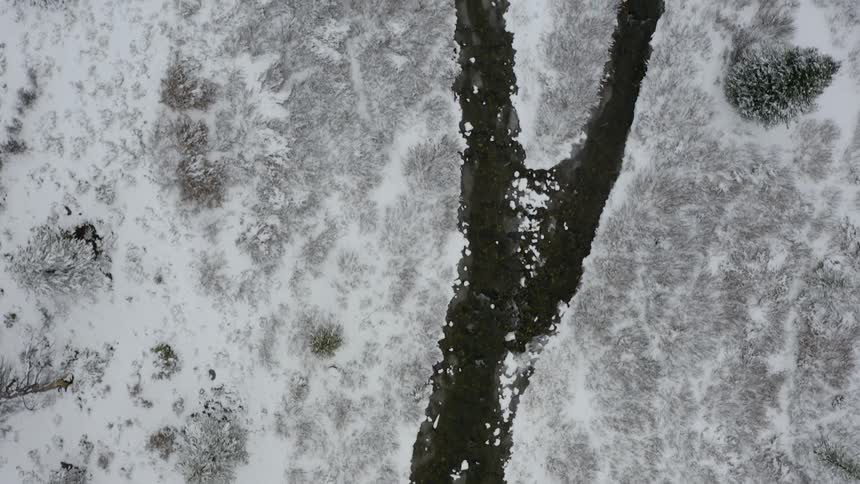 A partially frozen stream that divides into two smaller streams