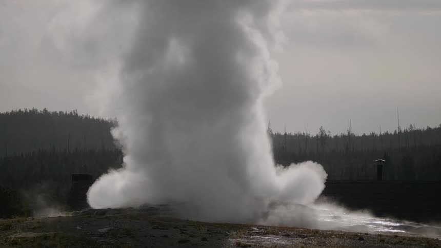 A geyser erupts and water rises high in the air