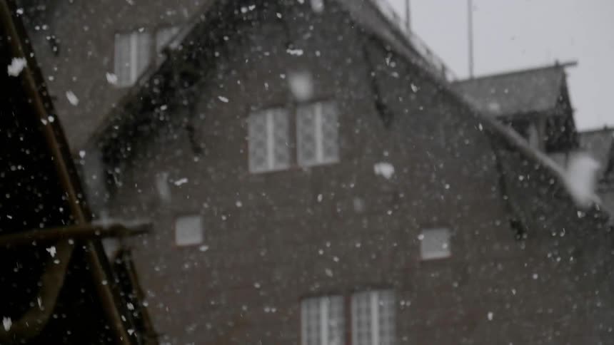 Snow falling in front of a building with plenty flags
