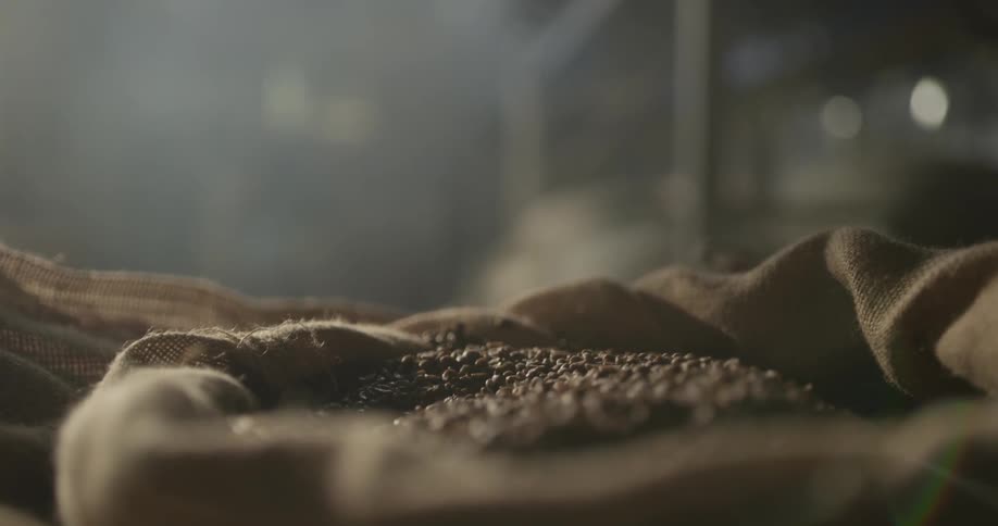 A large burlap sack is opened to reveal that it is full of whole coffee beans inside of a warehouse where it is surrounded by many more sacks